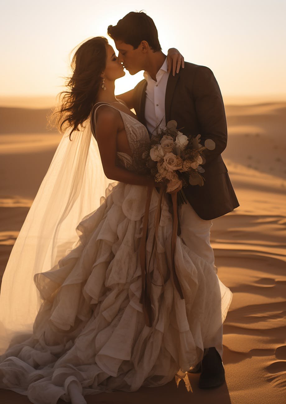 newlyweds kissing on desert at sunset