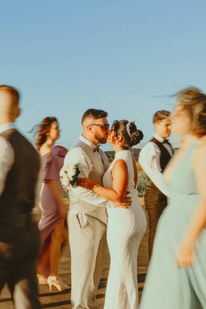romantic outdoor wedding dance at sunset